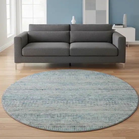 8' Blue Gray And Ivory Striped Washable Round Rug With UV Protection Photo 2