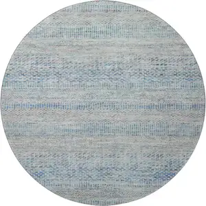 Photo of 8' Blue Gray And Ivory Striped Washable Round Rug With UV Protection