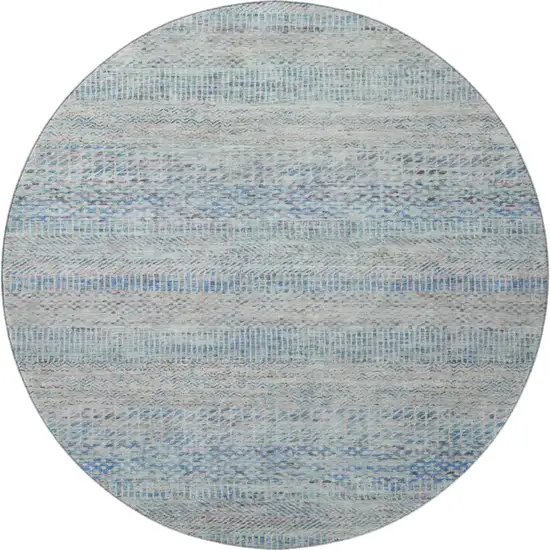 8' Blue Gray And Ivory Striped Washable Round Rug With UV Protection Photo 3