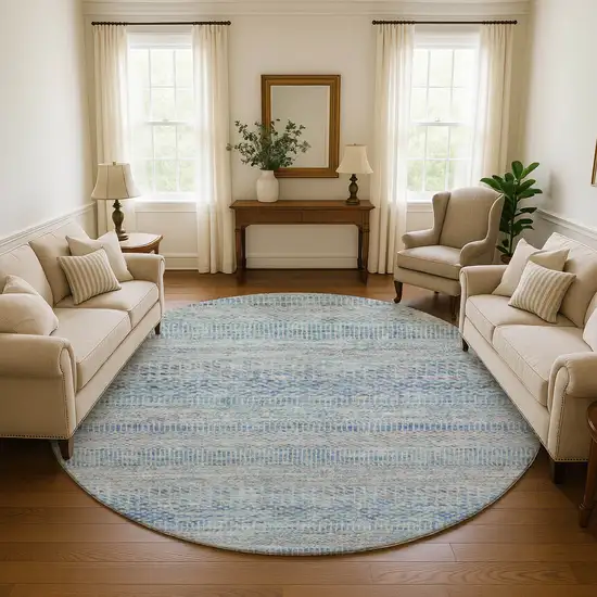 8' Blue Gray And Ivory Striped Washable Round Rug With UV Protection Photo 4