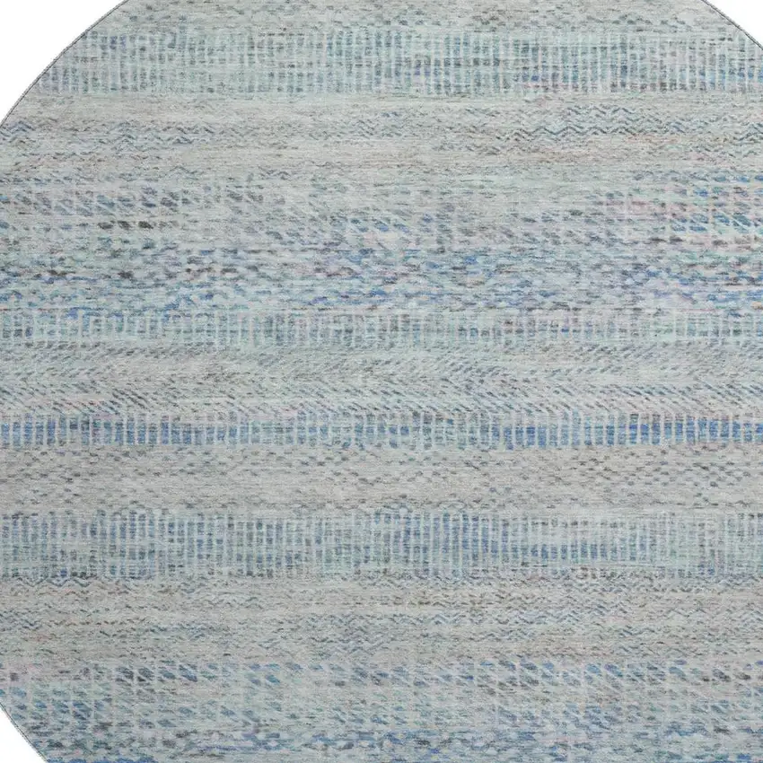 8' Blue Gray And Ivory Striped Washable Round Rug With UV Protection Photo 2