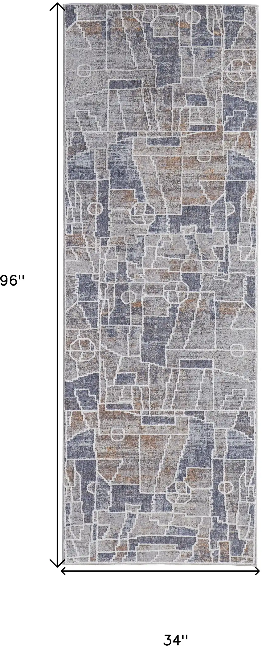 8' Blue Gray And Orange Geometric Power Loom Stain Resistant Runner Rug Photo 7