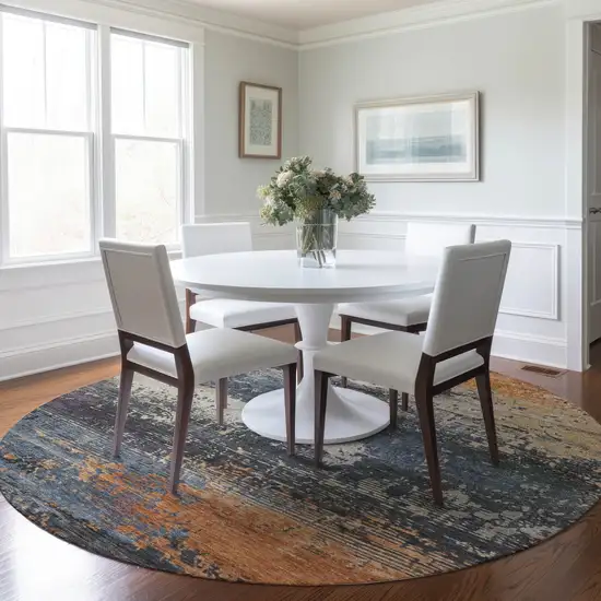 8' Blue Gray And Orange Round Abstract Washable Indoor Outdoor Area Rug Photo 6