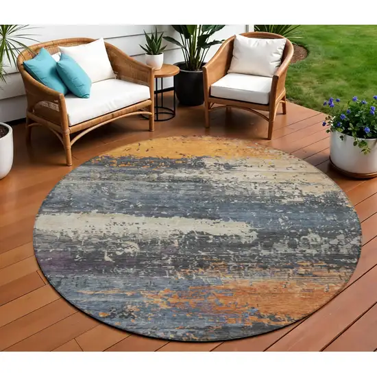 8' Blue Gray And Orange Round Abstract Washable Indoor Outdoor Area Rug Photo 2