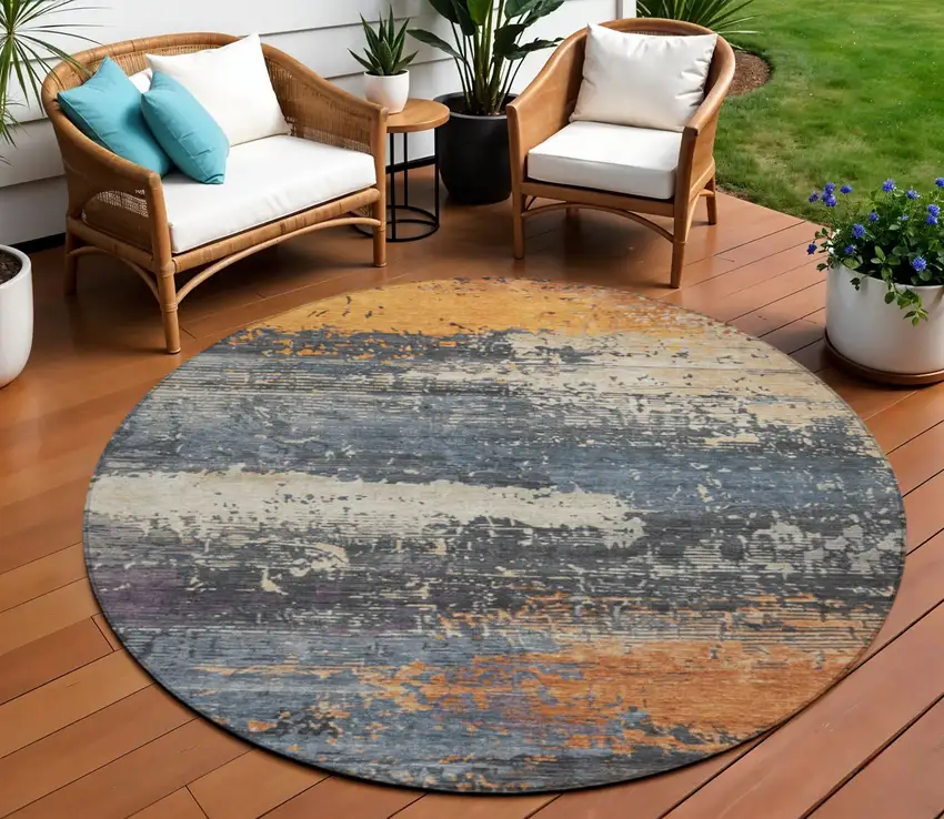 8' Blue Gray And Orange Round Abstract Washable Indoor Outdoor Area Rug Photo 2