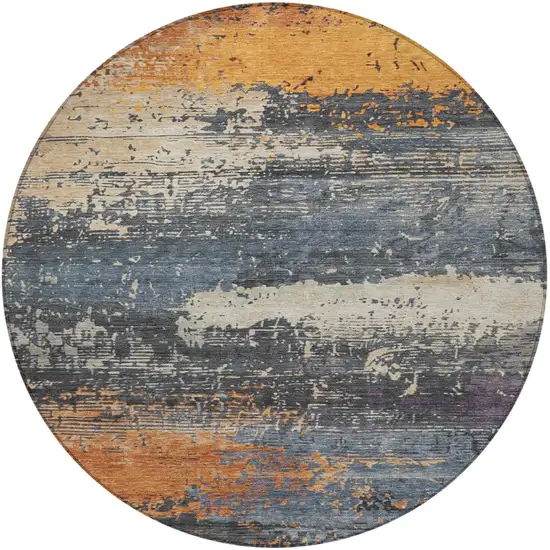 8' Blue Gray And Orange Round Abstract Washable Indoor Outdoor Area Rug Photo 3