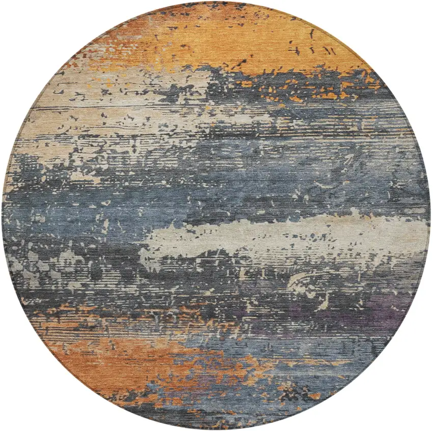 8' Blue Gray And Orange Round Abstract Washable Indoor Outdoor Area Rug Photo 3