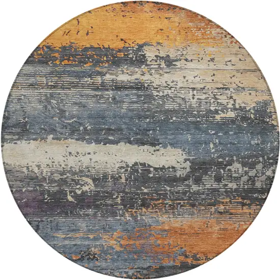 8' Blue Gray And Orange Round Abstract Washable Indoor Outdoor Area Rug Photo 1