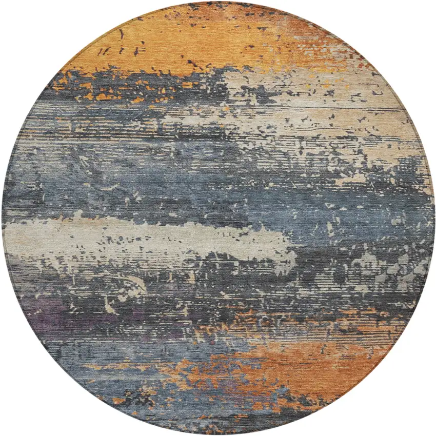 8' Blue Gray And Orange Round Abstract Washable Indoor Outdoor Area Rug Photo 1
