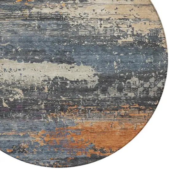 8' Blue Gray And Orange Round Abstract Washable Indoor Outdoor Area Rug Photo 8