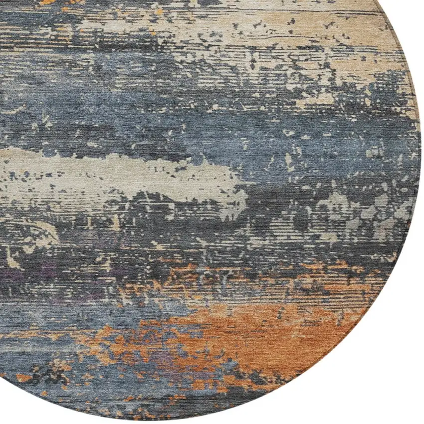 8' Blue Gray And Orange Round Abstract Washable Indoor Outdoor Area Rug Photo 8