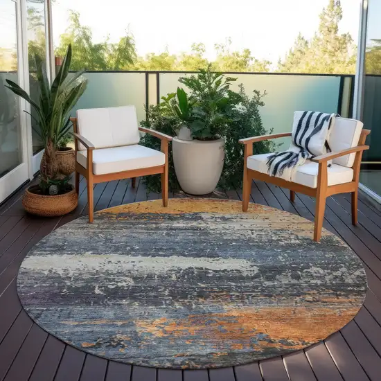 8' Blue Gray And Orange Round Abstract Washable Indoor Outdoor Area Rug Photo 5