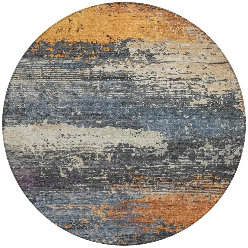 8' Blue Gray And Orange Round Abstract Washable Indoor Outdoor Area Rug Photo 4