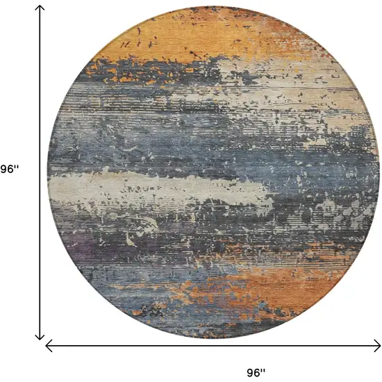 8' Blue Gray And Orange Round Abstract Washable Indoor Outdoor Area Rug Photo 9
