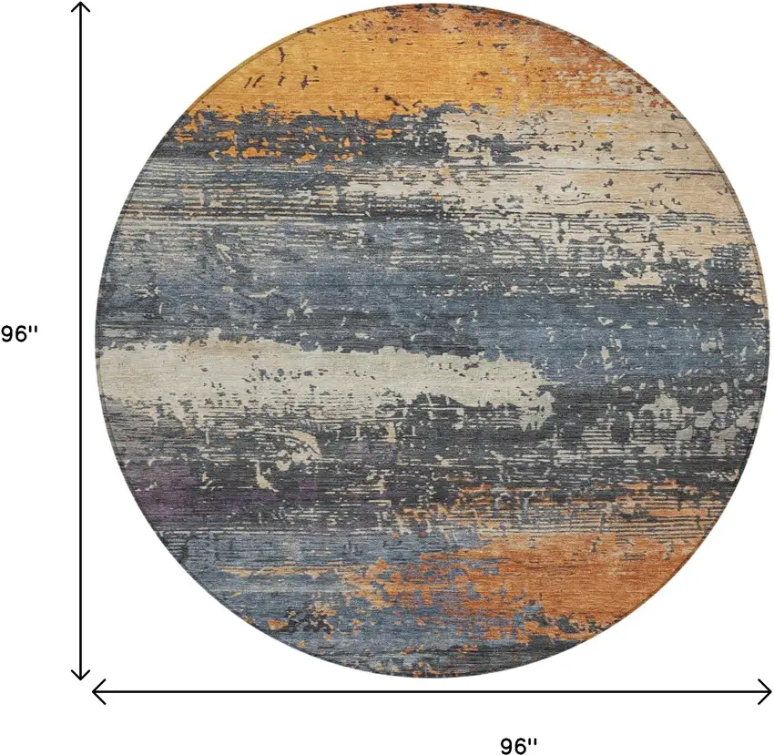 8' Blue Gray And Orange Round Abstract Washable Indoor Outdoor Area Rug Photo 9