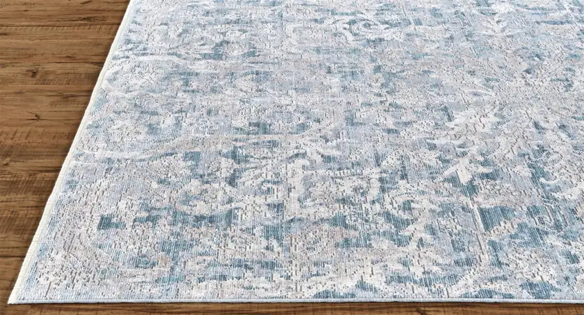 8' Blue Gray And Silver Abstract Distressed Runner Rug With Fringe Photo 1