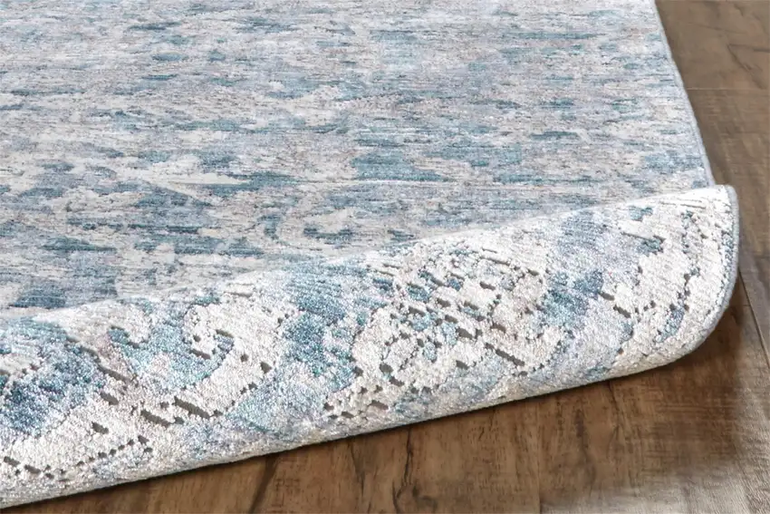 8' Blue Gray And Silver Abstract Distressed Runner Rug With Fringe Photo 3