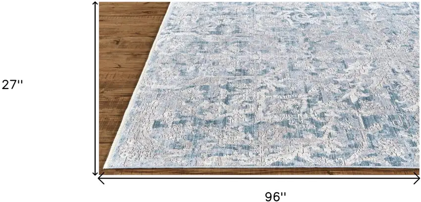 8' Blue Gray And Silver Abstract Distressed Runner Rug With Fringe Photo 7