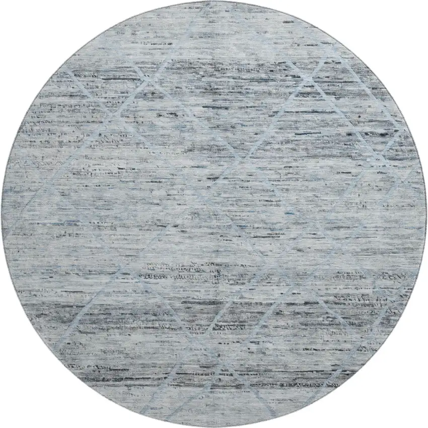8' Blue Gray And Silver Abstract Geometric Washable Round Rug With UV Protection Photo 1