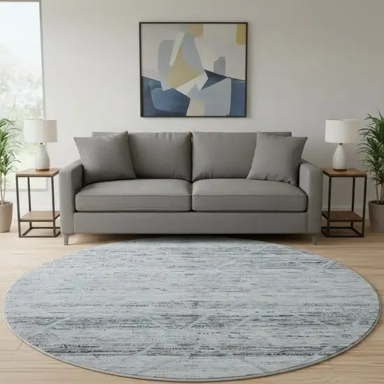 8' Blue Gray And Silver Abstract Geometric Washable Round Rug With UV Protection Photo 2