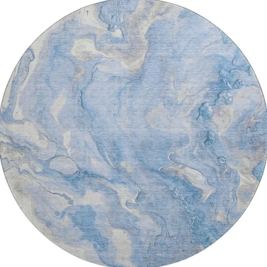 8' Blue Gray And Silver Abstract Washable Round Rug With UV Protection Photo 3