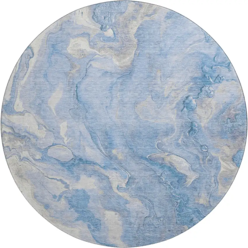 8' Blue Gray And Silver Abstract Washable Round Rug With UV Protection Photo 1