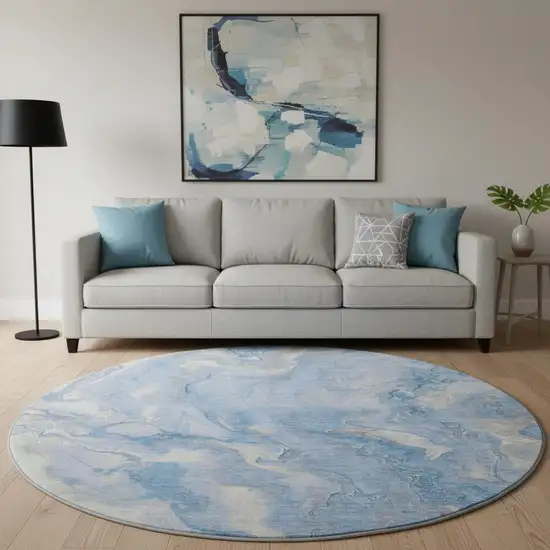 8' Blue Gray And Silver Abstract Washable Round Rug With UV Protection Photo 2