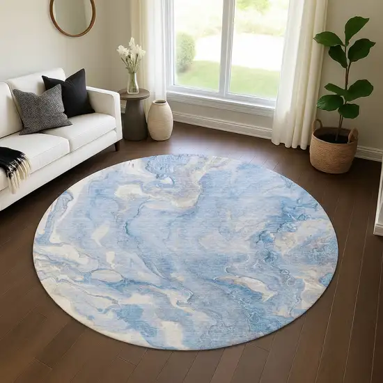 8' Blue Gray And Silver Abstract Washable Round Rug With UV Protection Photo 4