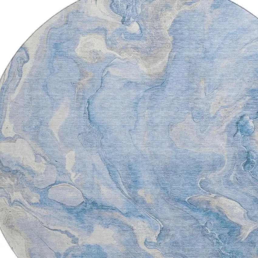 8' Blue Gray And Silver Abstract Washable Round Rug With UV Protection Photo 2