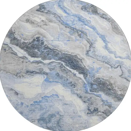 8' Blue Gray And Silver Abstract Washable Round Rug With UV Protection Photo 3