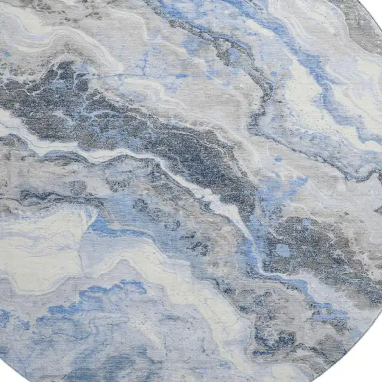 8' Blue Gray And Silver Abstract Washable Round Rug With UV Protection Photo 2