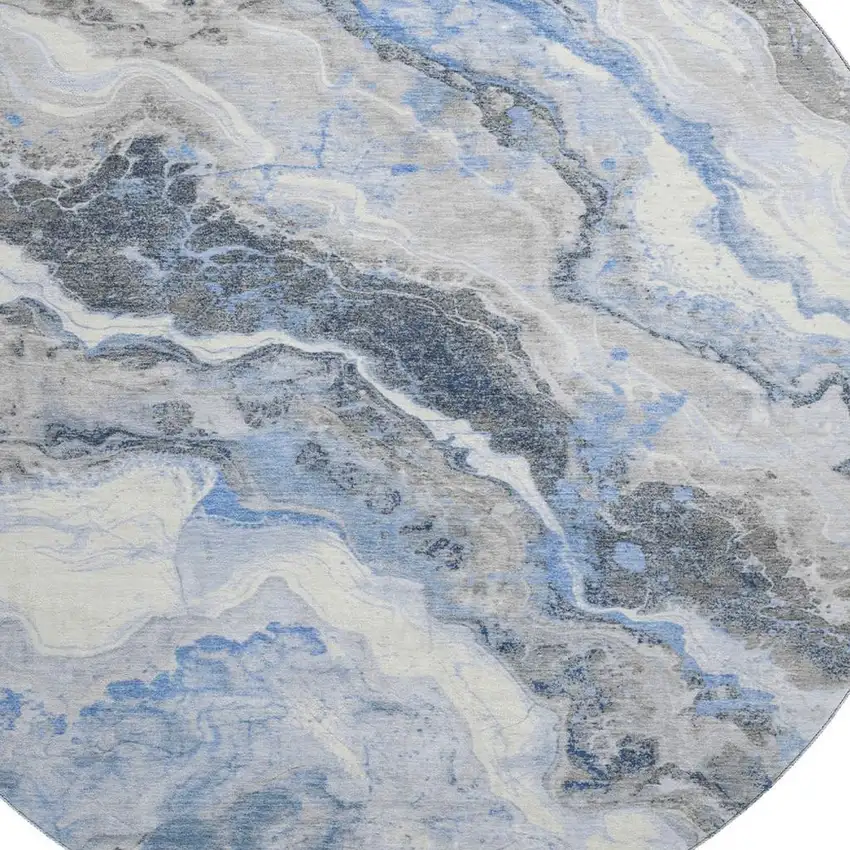 8' Blue Gray And Silver Abstract Washable Round Rug With UV Protection Photo 2