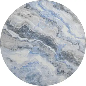 Photo of 8' Blue Gray And Silver Abstract Washable Round Rug With UV Protection