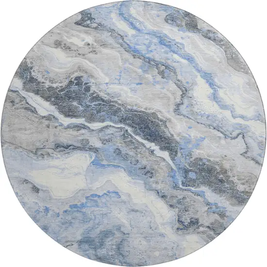 8' Blue Gray And Silver Abstract Washable Round Rug With UV Protection Photo 1