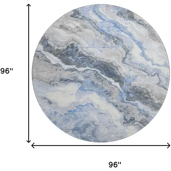 8' Blue Gray And Silver Abstract Washable Round Rug With UV Protection Photo 9