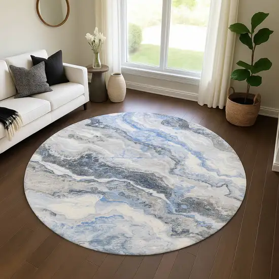 8' Blue Gray And Silver Abstract Washable Round Rug With UV Protection Photo 4