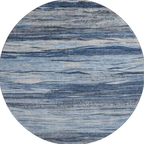 8' Blue Gray And Silver Abstract Washable Round Rug With UV Protection Photo 4