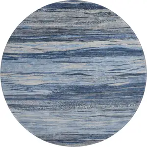 Photo of 8' Blue Gray And Silver Abstract Washable Round Rug With UV Protection
