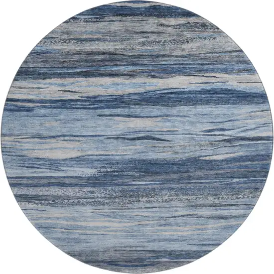 8' Blue Gray And Silver Abstract Washable Round Rug With UV Protection Photo 1