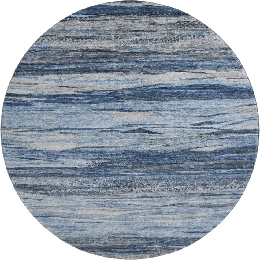 8' Blue Gray And Silver Abstract Washable Round Rug With UV Protection Photo 1