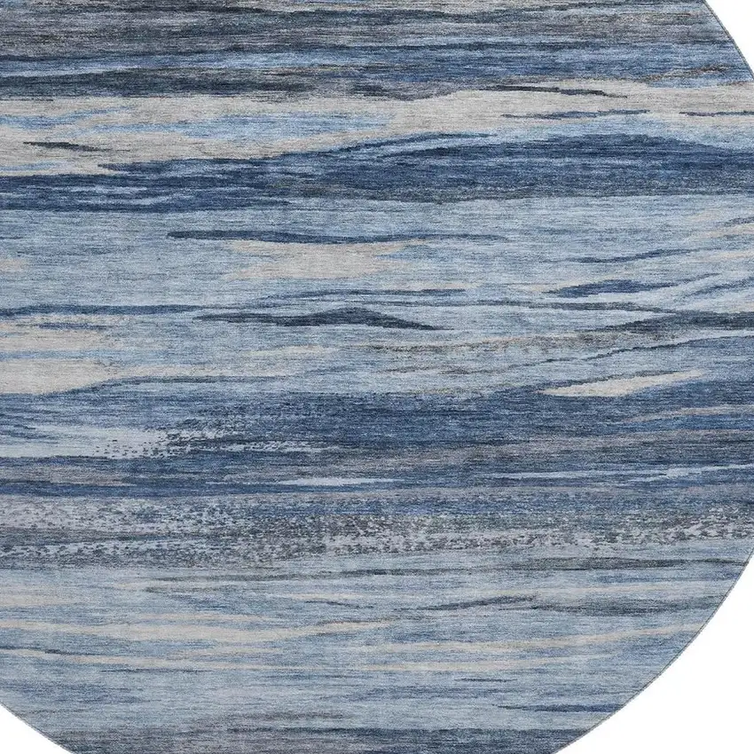 8' Blue Gray And Silver Abstract Washable Round Rug With UV Protection Photo 3