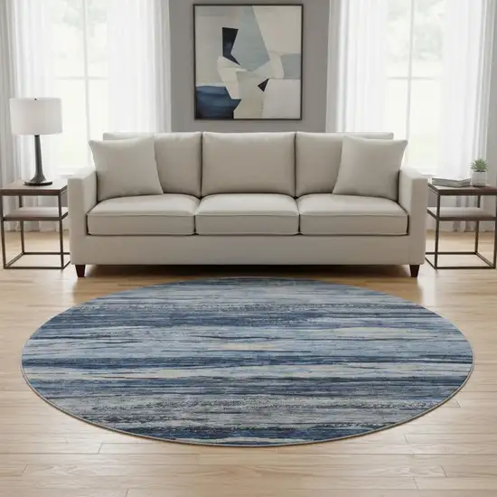 8' Blue Gray And Silver Abstract Washable Round Rug With UV Protection Photo 2
