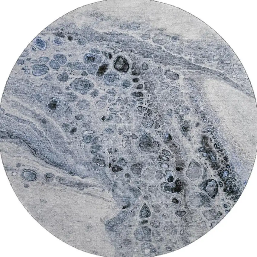 8' Blue Gray And Silver Abstract Washable Round Rug With UV Protection Photo 4