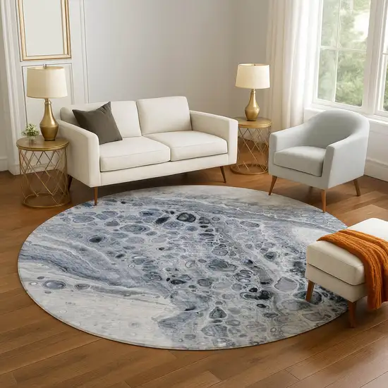 8' Blue Gray And Silver Abstract Washable Round Rug With UV Protection Photo 5