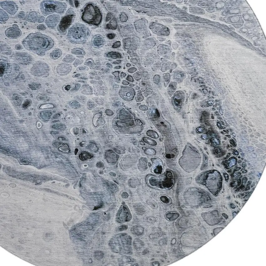 8' Blue Gray And Silver Abstract Washable Round Rug With UV Protection Photo 3