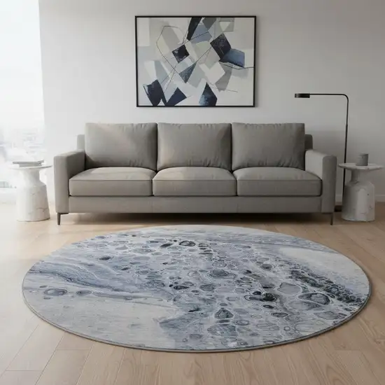 8' Blue Gray And Silver Abstract Washable Round Rug With UV Protection Photo 2