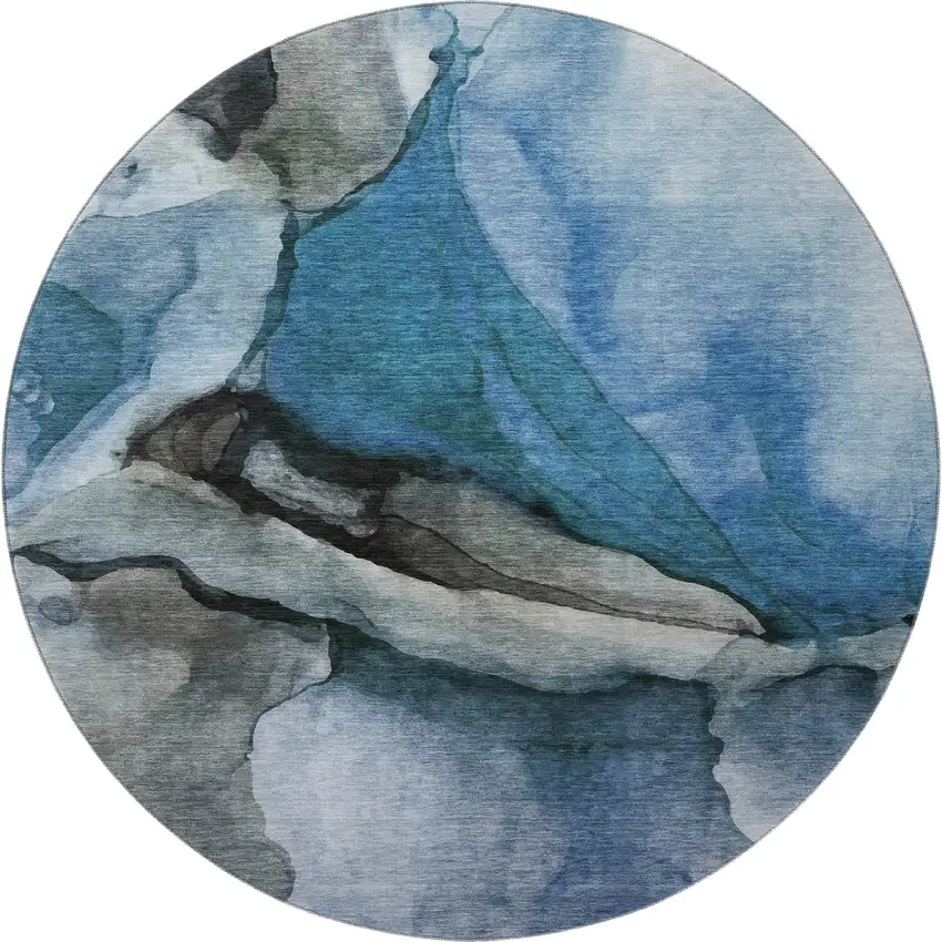8' Blue Gray And Silver Abstract Washable Round Rug With UV Protection Photo 3
