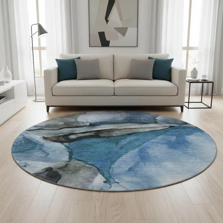 8' Blue Gray And Silver Abstract Washable Round Rug With UV Protection Photo 2