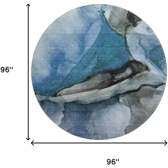 8' Blue Gray And Silver Abstract Washable Round Rug With UV Protection Photo 9