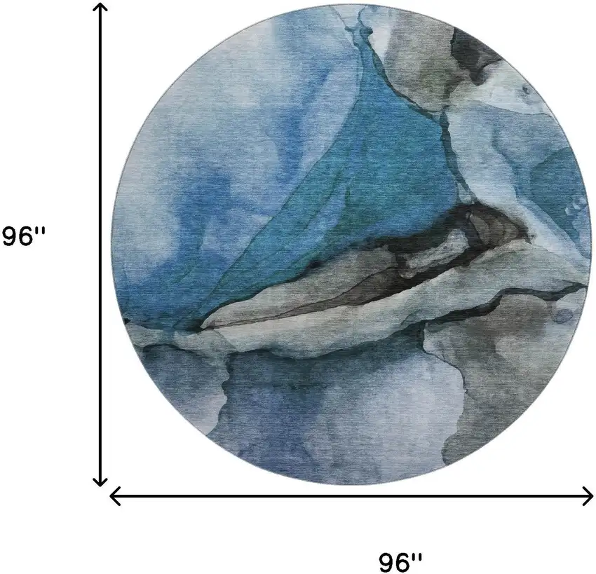 8' Blue Gray And Silver Abstract Washable Round Rug With UV Protection Photo 9